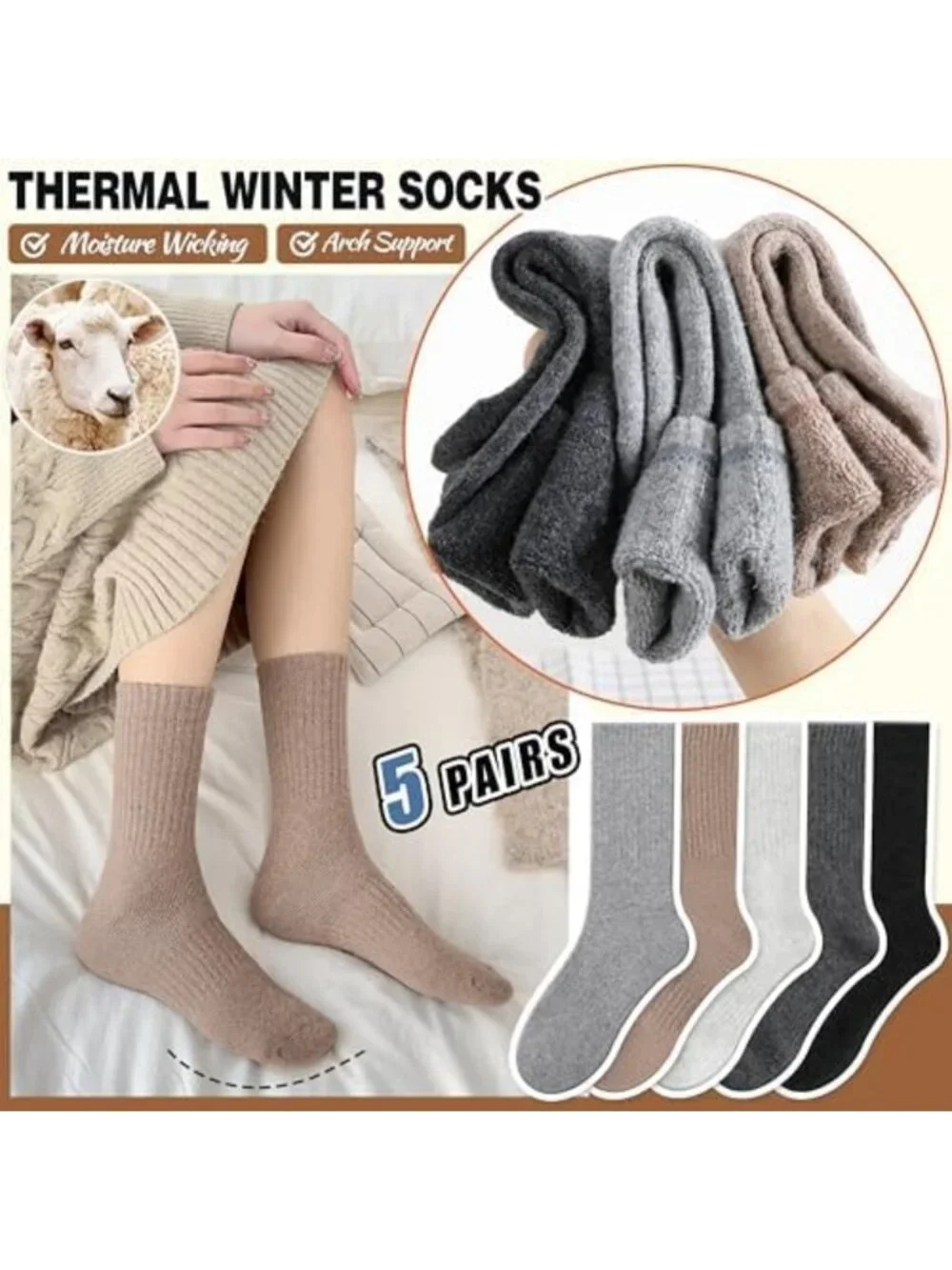 Cozy Merino Wool Hiking Socks for Women - Thermal Warm Thick Boot Crew 5 Pairs